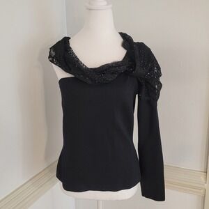 Vintage St John Evening Marie Gray One Shoulder Lace Knit Top Black Womens 8 USA
